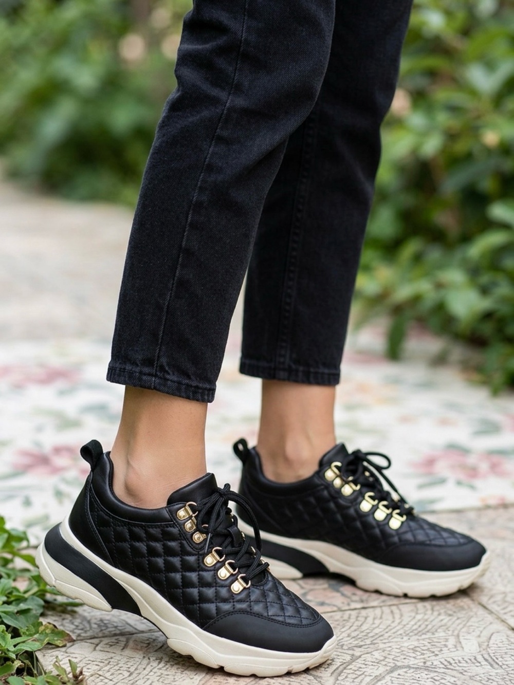ShuShop Black Quilted Sneakers with Gold Eyelet Details and White Platform Sole
